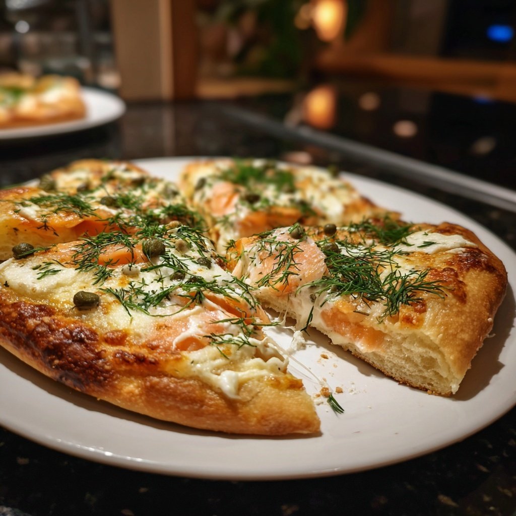 Pizza mit Lachs und Crème fraîche