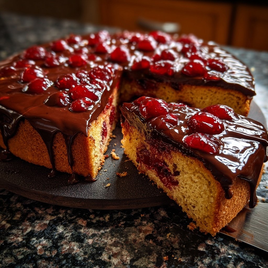 Blechkuchen mit Schokolade und Kirschen